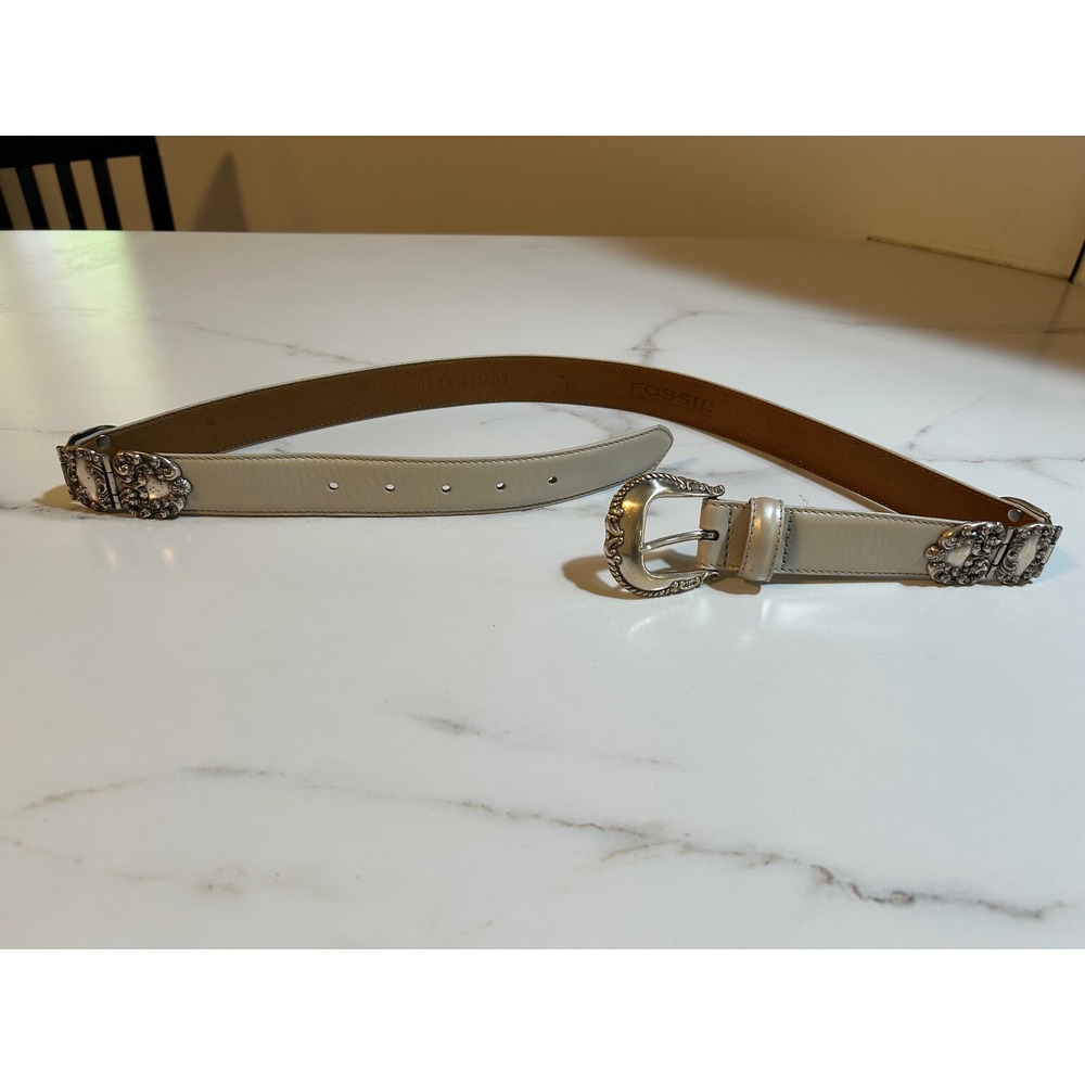 Fossil Cream‎ Leather Western Belt Silver Ornate Buckle Floral Detail Size L